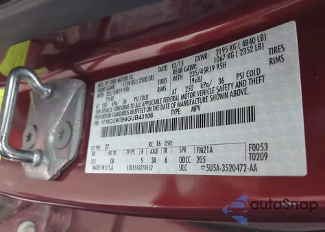 2016 Ford Escape Se из США, поврежденный, VIN 1FMCU9G94GUB43106